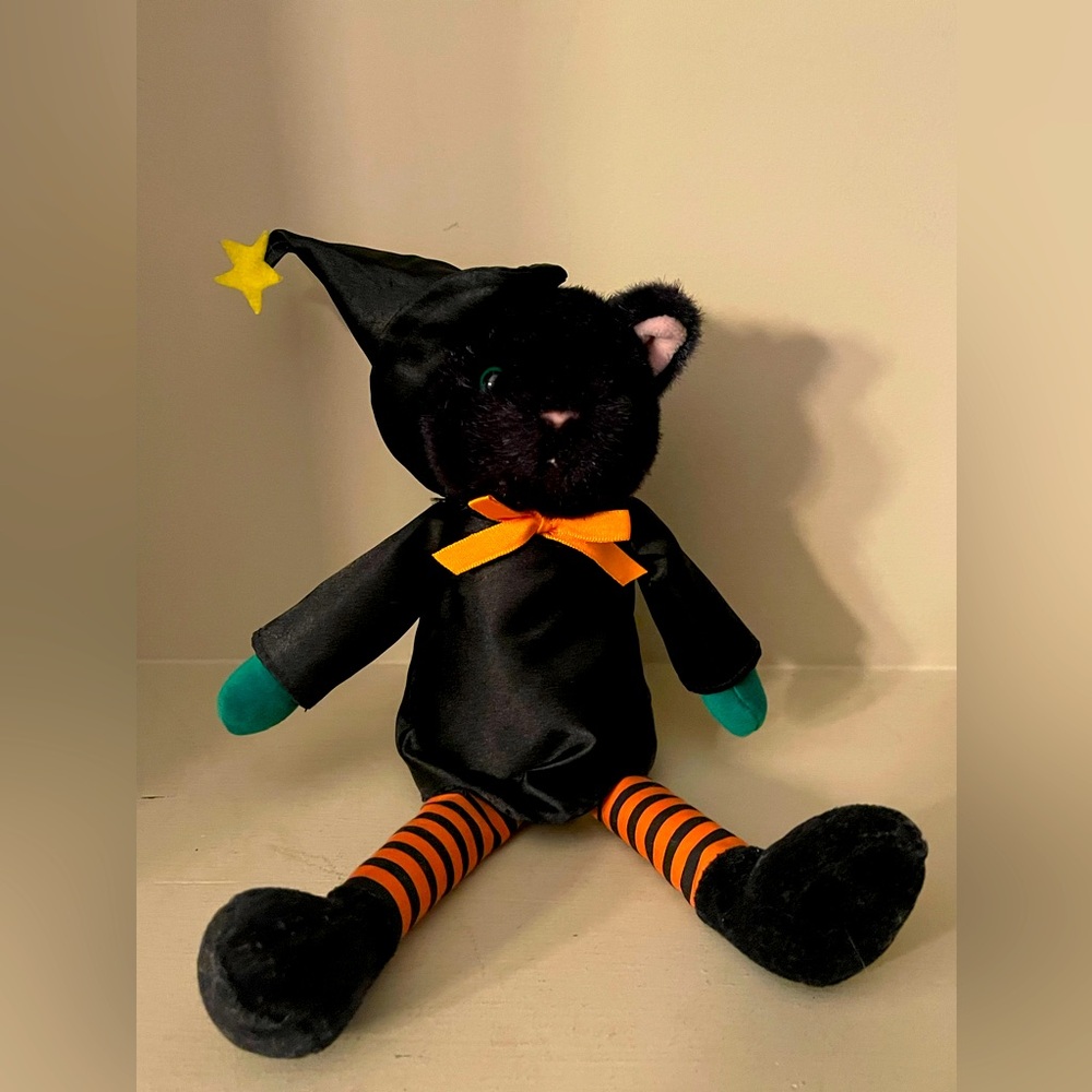 Fiesta Black 12” Cat Plush Halloween Witch Hat Orange Stripes Vintage Cute Cat